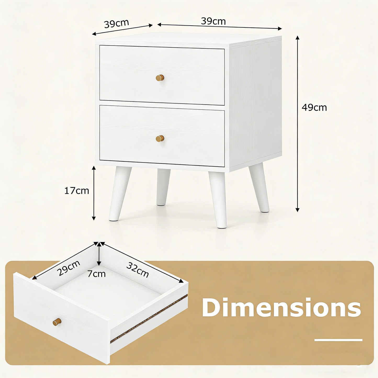 Mid Century Modern Bedside Table with Storage and Raised Support Legs-White