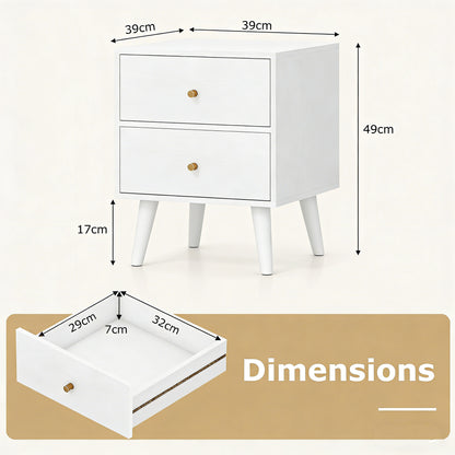 Mid Century Modern Bedside Table with Storage and Raised Support Legs-White