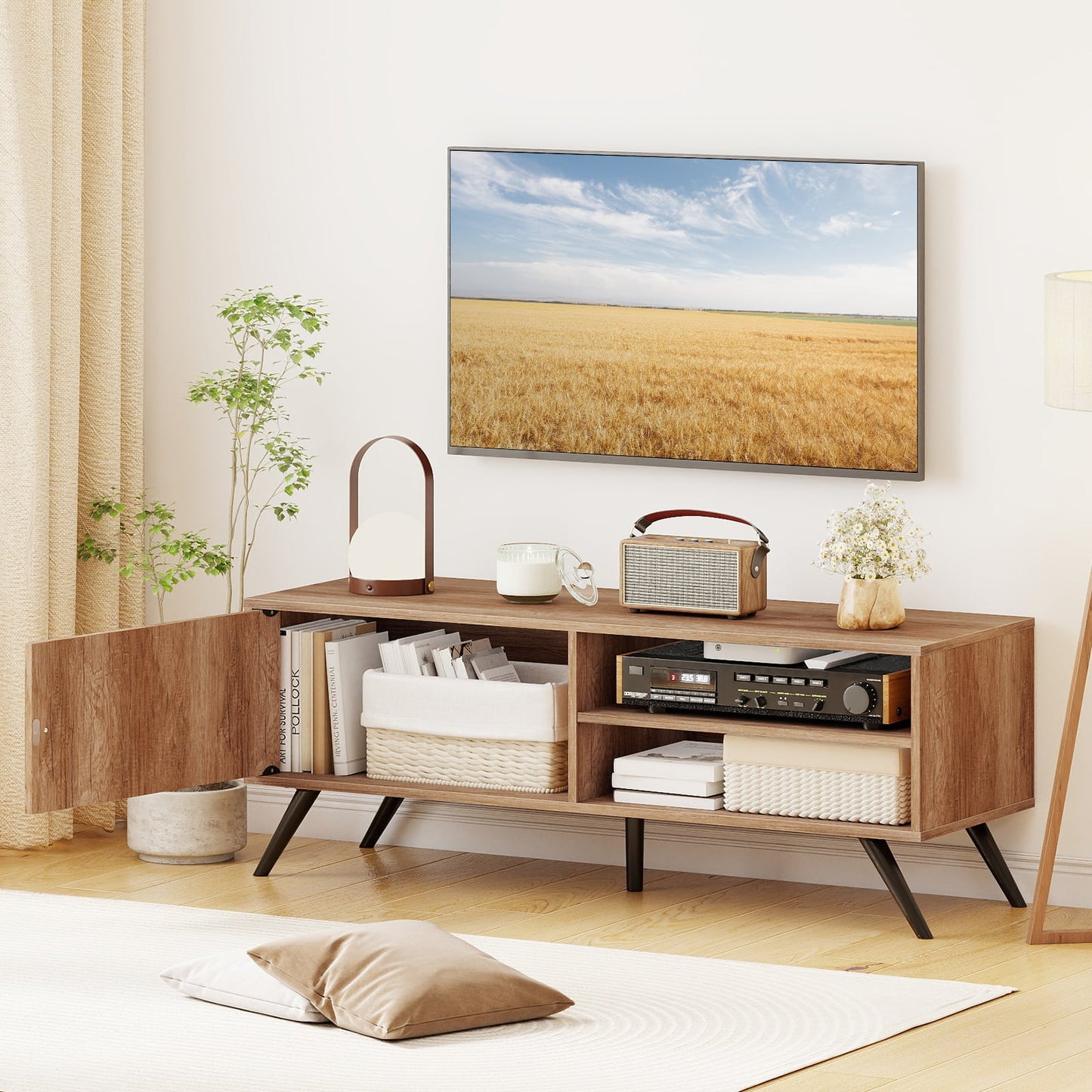 Mid Century Modern Entertainment Center with Cable Hole and Raised Legs-Oak