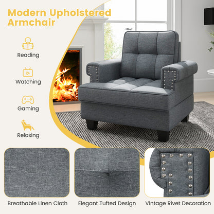 Mid-century Modern Accent Armchair Tufted Linen Club Chair with Extra Pillow-Gray