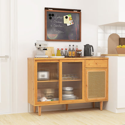 Bamboo Buffet Cabinet with Tempered Glass Sliding Doors and Drawer-Natural