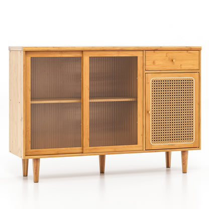 Bamboo Buffet Cabinet with Tempered Glass Sliding Doors and Drawer-Natural
