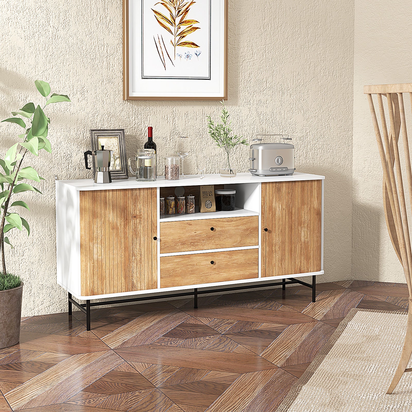 Mid Century Modern Buffet Sideboard Coffee Bar Station-White