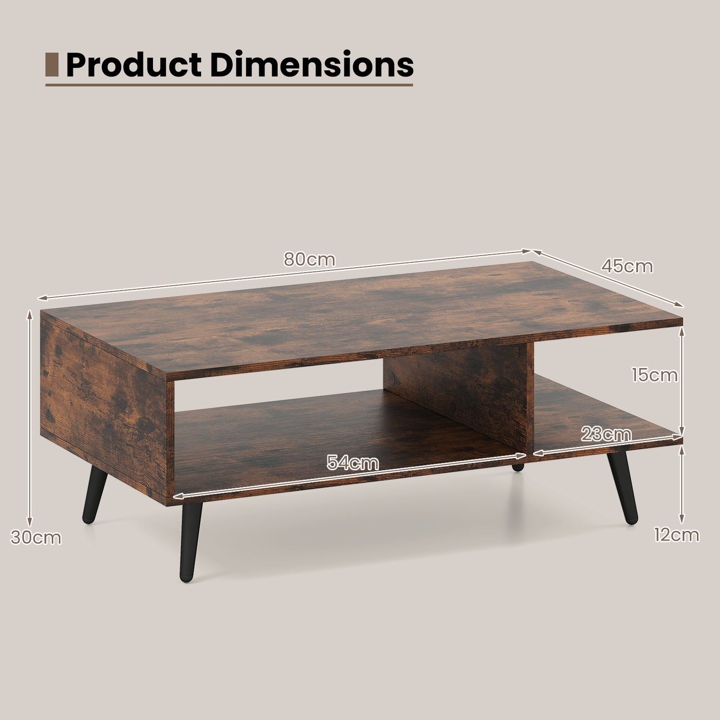 Mid Century Modern Coffee Table 2-Tier Accent Table with 2 Open Compartments-Rustic Brown