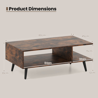 Mid Century Modern Coffee Table 2-Tier Accent Table with 2 Open Compartments-Rustic Brown