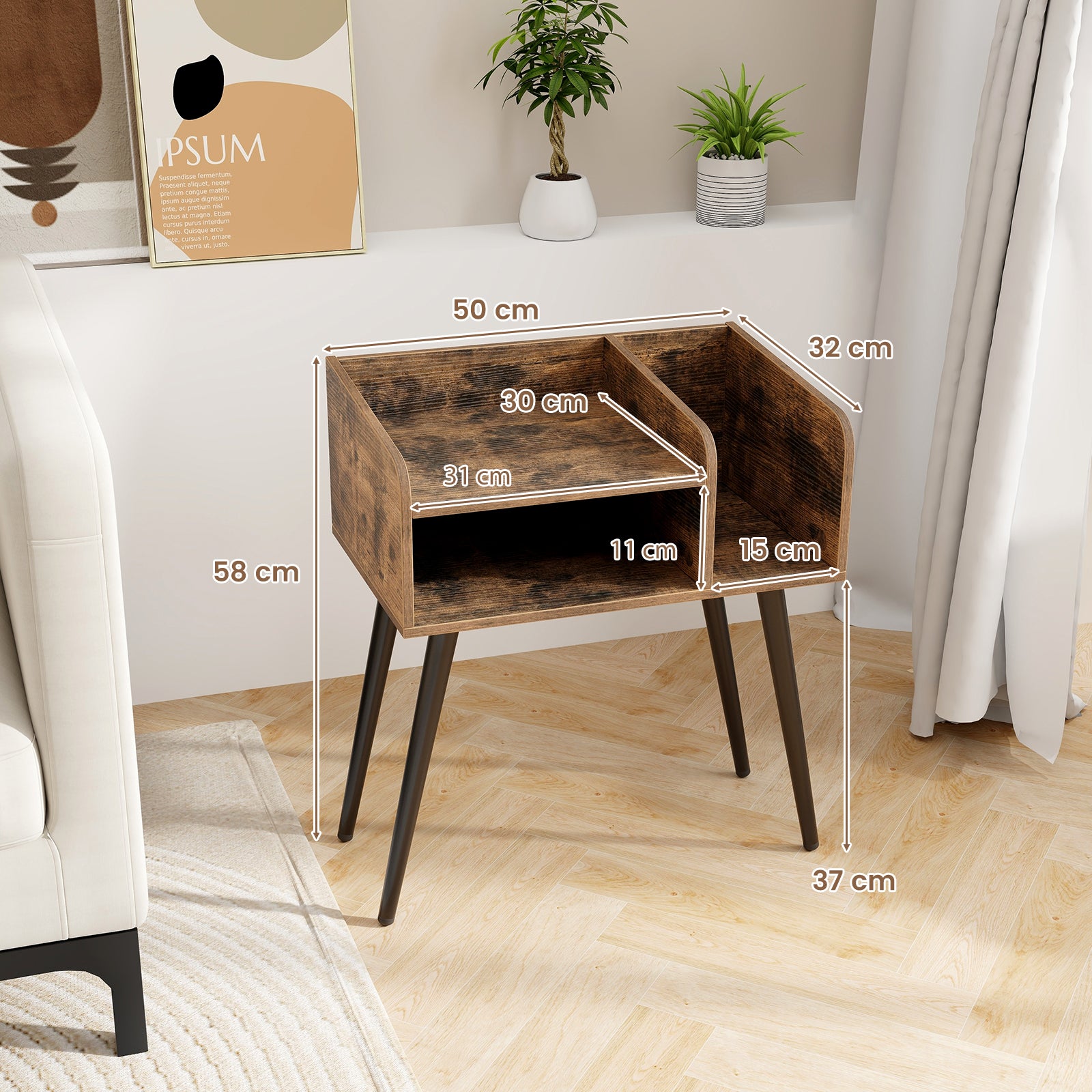 2-Tier Mid Century Modern Nightstand with Open Shelves-Rustic Brown