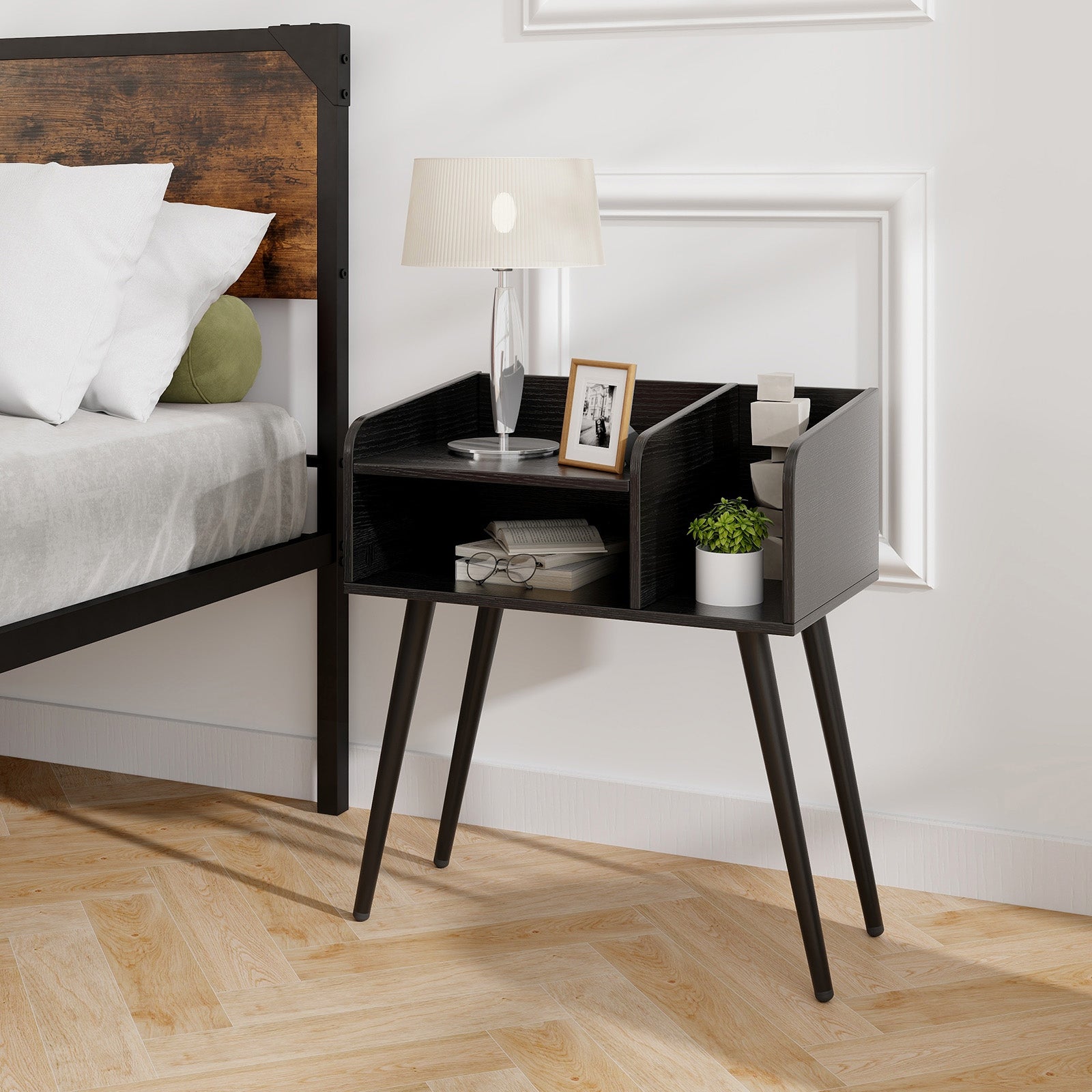 2-Tier Mid Century Modern Nightstand for Living Room Bedroom Set of 2-Black
