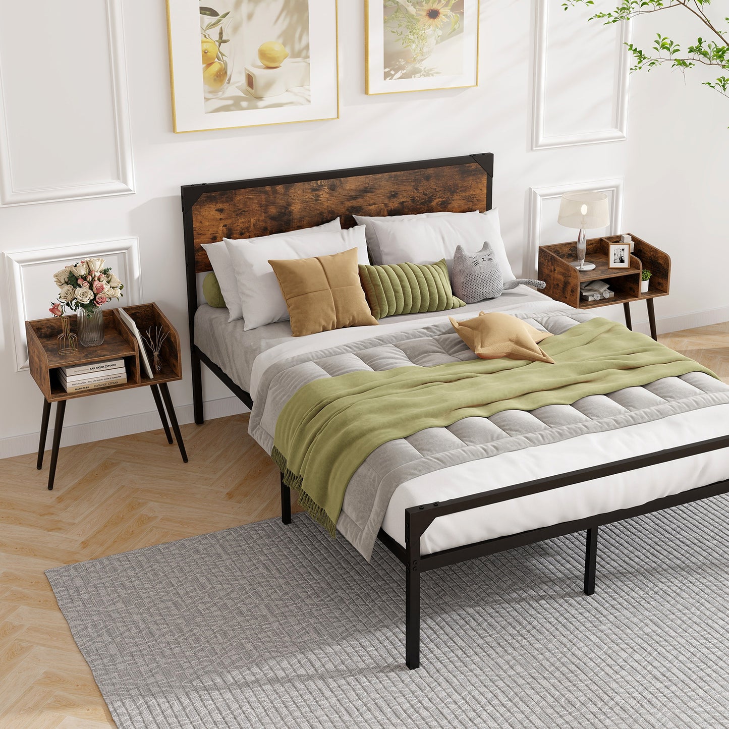2-Tier Mid Century Modern Nightstand for Living Room Bedroom Set of 2-Rustic Brown