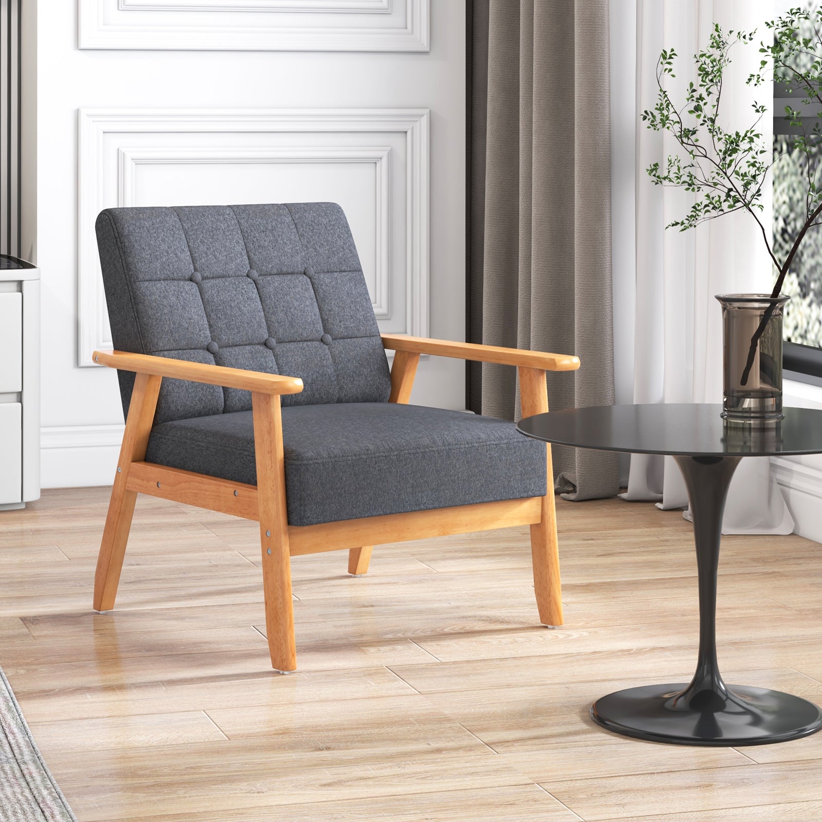 Mid-century Modern Accent Chair with Breathable Linen Cloth-Grey