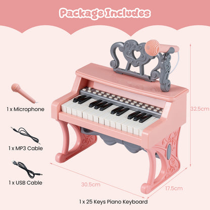 Mini Keyboard Piano for Kids 25 Keys Electric Piano with Music Stand and Microphone-Pink