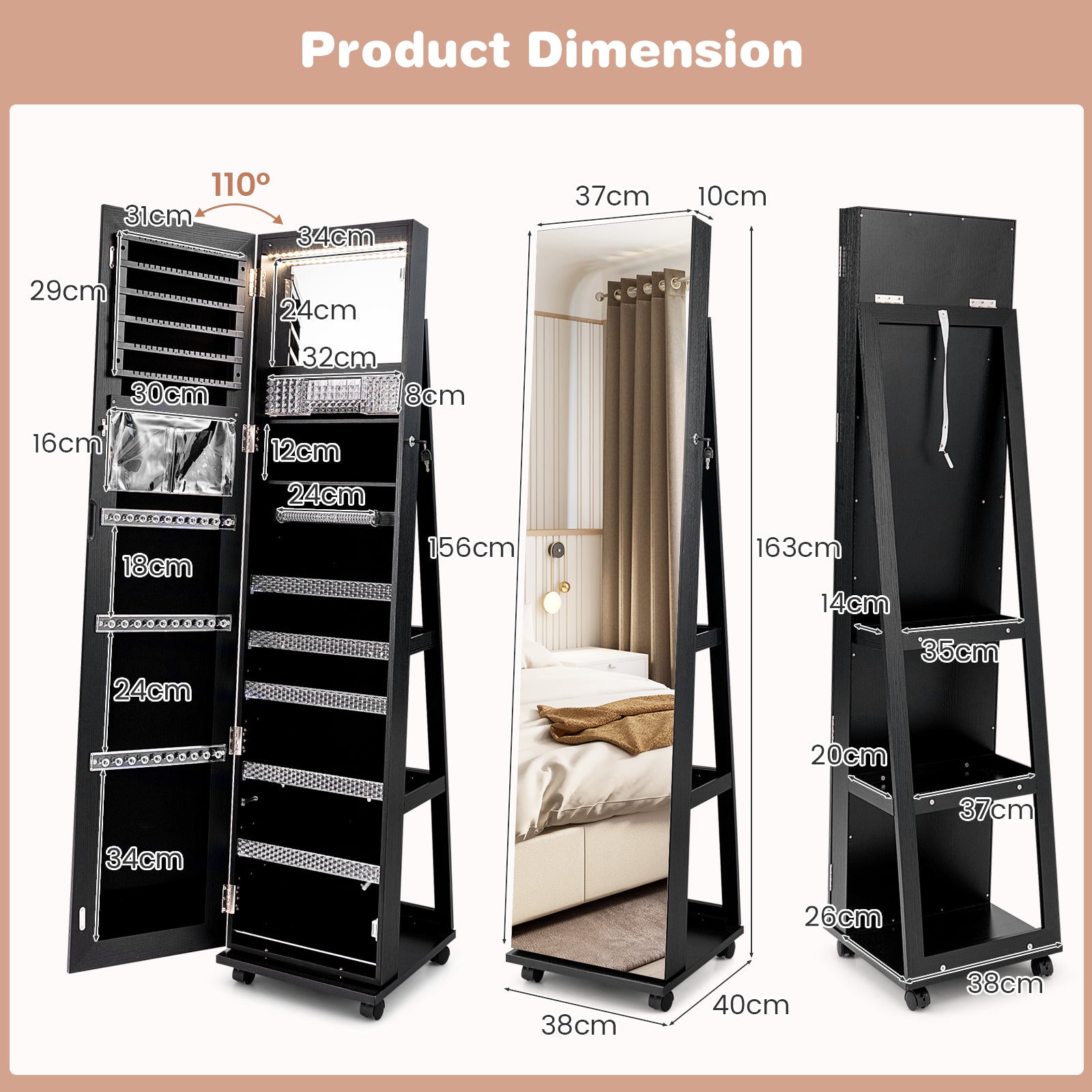 Mirror Standing Jewelry Organizer with Lock 3 Color LED Lights Built-in Vanity Mirror and Universal Wheels-Black