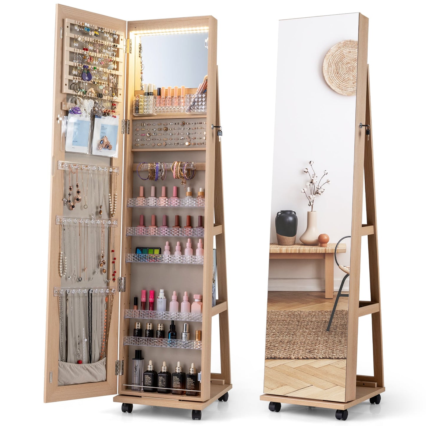 Mirror Standing Jewelry Organizer with Lock 3 Color LED Lights Built-in Vanity Mirror and Universal Wheels-Natural