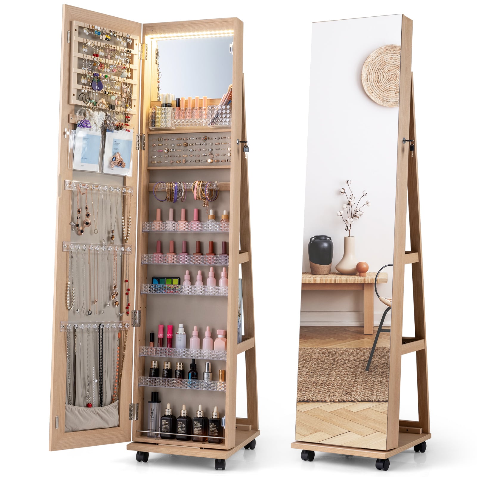 Mirror Standing Jewelry Organizer with Lock 3 Color LED Lights Built-in Vanity Mirror and Universal Wheels-Natural