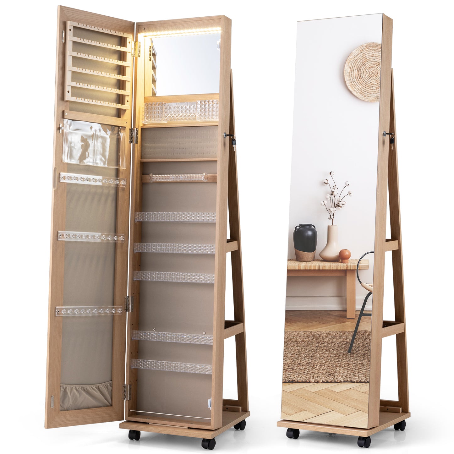 Mirror Standing Jewelry Organizer with Lock 3 Color LED Lights Built-in Vanity Mirror and Universal Wheels-Natural