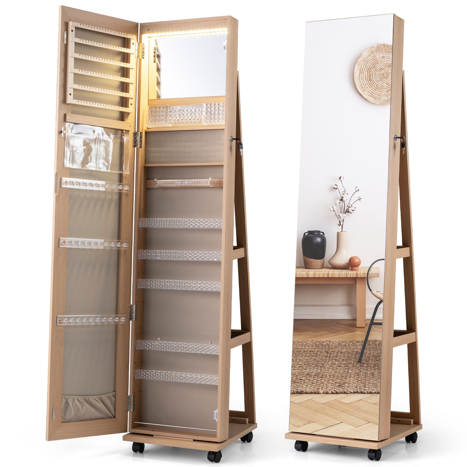 Mirror Standing Jewelry Organizer with Lock 3 Color LED Lights Built-in Vanity Mirror and Universal Wheels-Natural