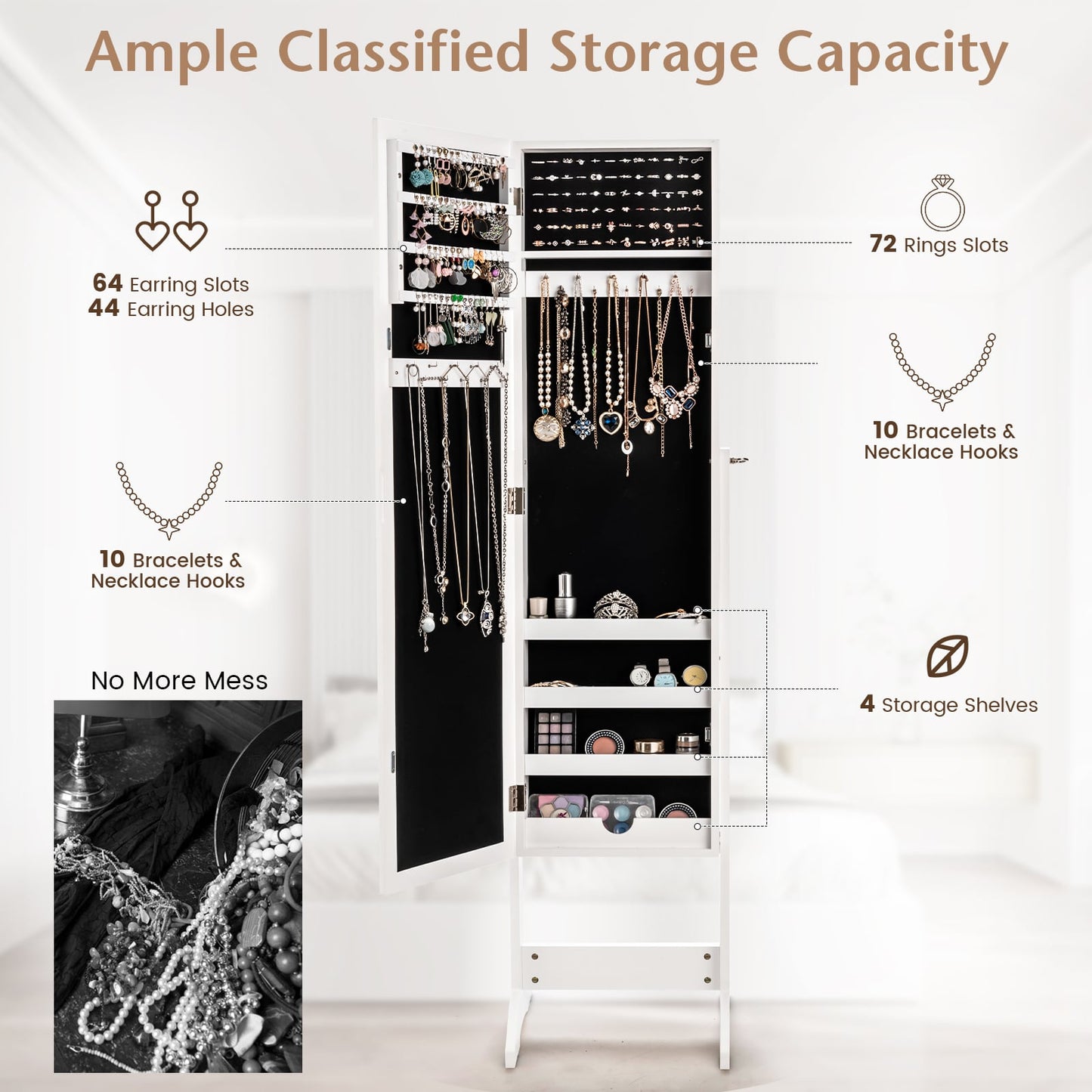 Mirrored Jewelry Armoire with Full-Length Mirror and 3 Tilting Angles-White