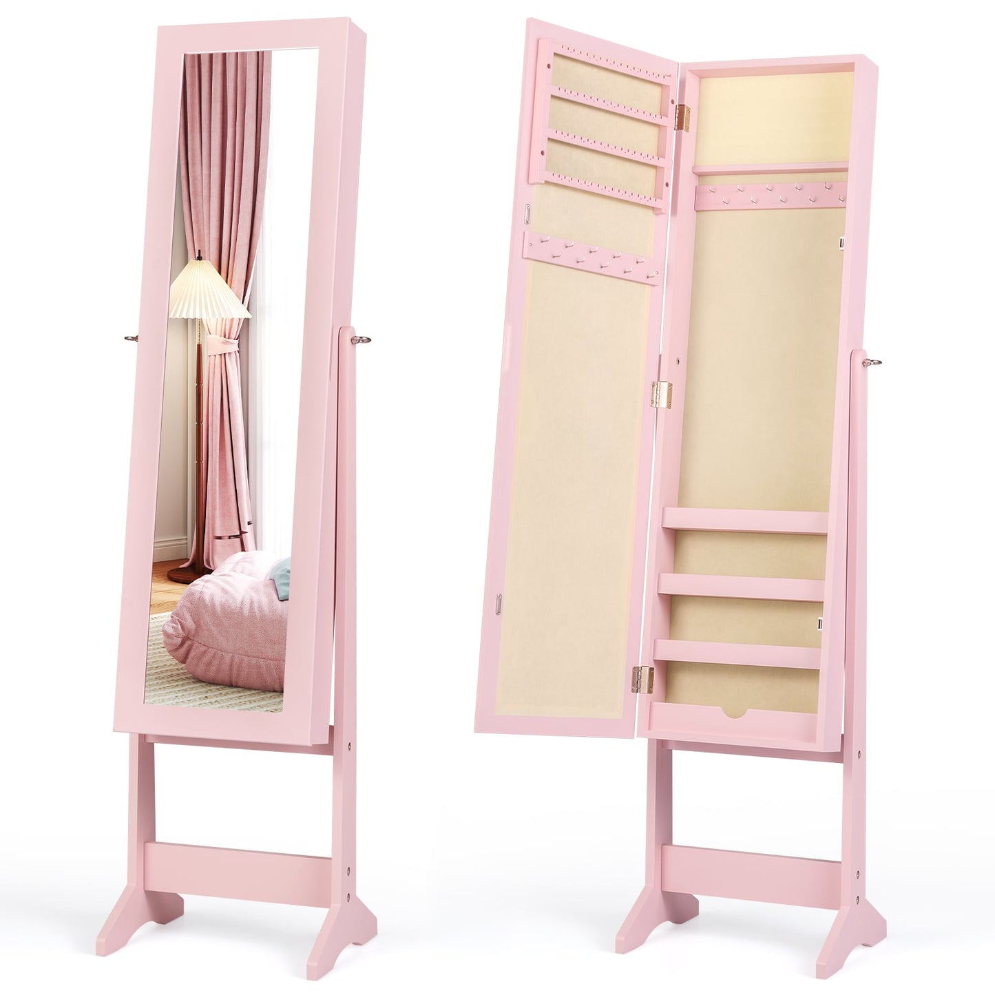 Mirrored Jewelry Armoire with Full-Length Mirror and 3 Tilting Angles-Pink
