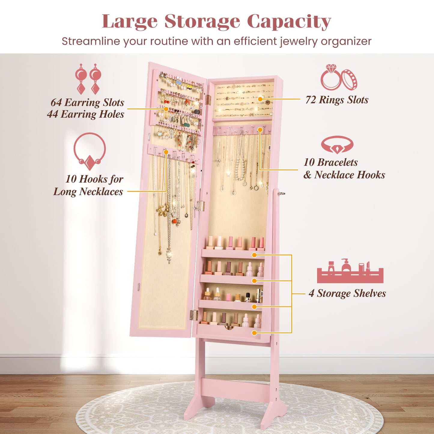 Mirrored Jewelry Armoire with Full-Length Mirror and 3 Tilting Angles-Pink