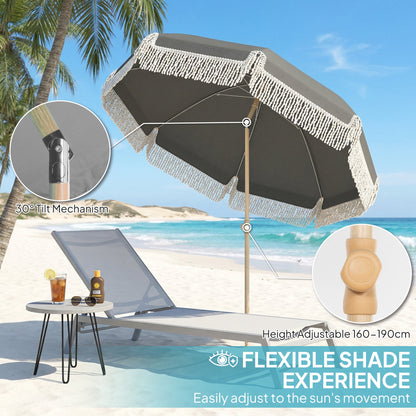 Outsunny 1.7 m Beach Umbrella with Sand Anchor, 30Â° Tilting Fringed Beach Garden Parasol with Adjustable Height, Grey