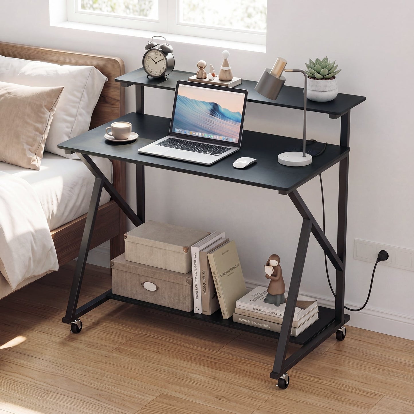 Mobile Computer Desk with Power Outlets Monitor Stand and Storage Shelf-Black
