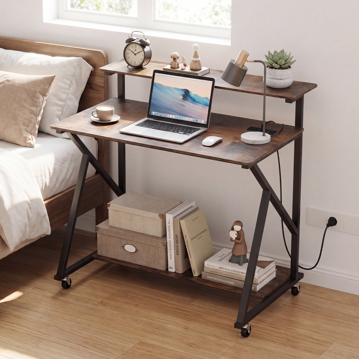 Mobile Computer Desk with Power Outlets Monitor Stand and Storage Shelf-Rustic Brown