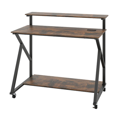 Mobile Computer Desk with Power Outlets Monitor Stand and Storage Shelf-Rustic Brown