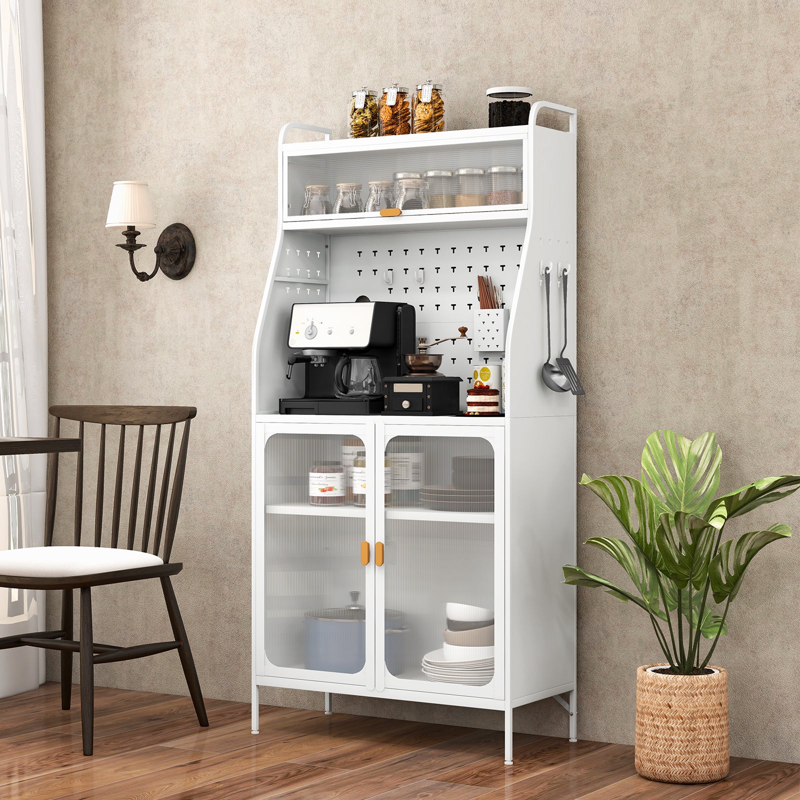 Kitchen Pantry Storage Cabinet Freestanding Baker Rack with Pegboard-White