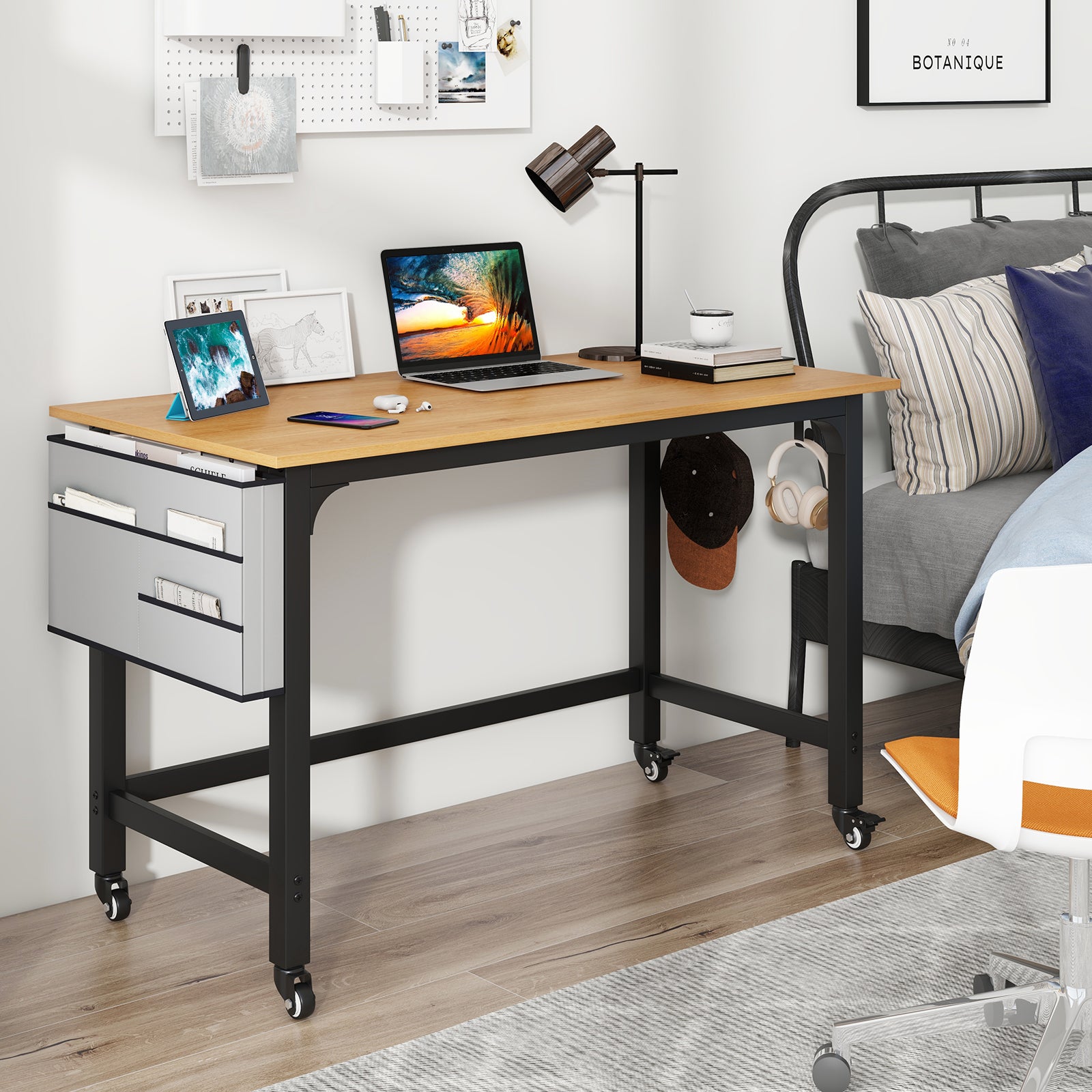120cm Mobile Computer Desk with Storage Bag and 2 Headphone Hooks-Natural