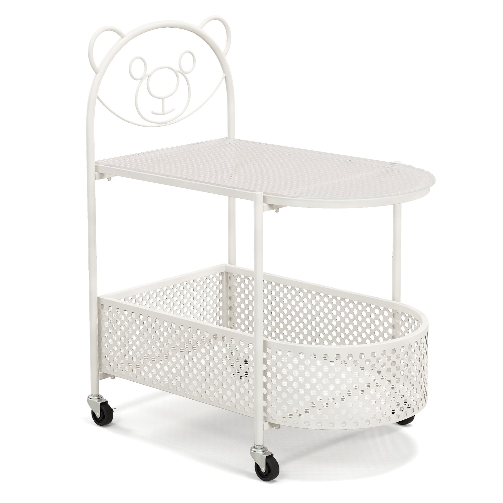 Mobile Glass Coffee Table with Bear Pattern and Storage Basket-White