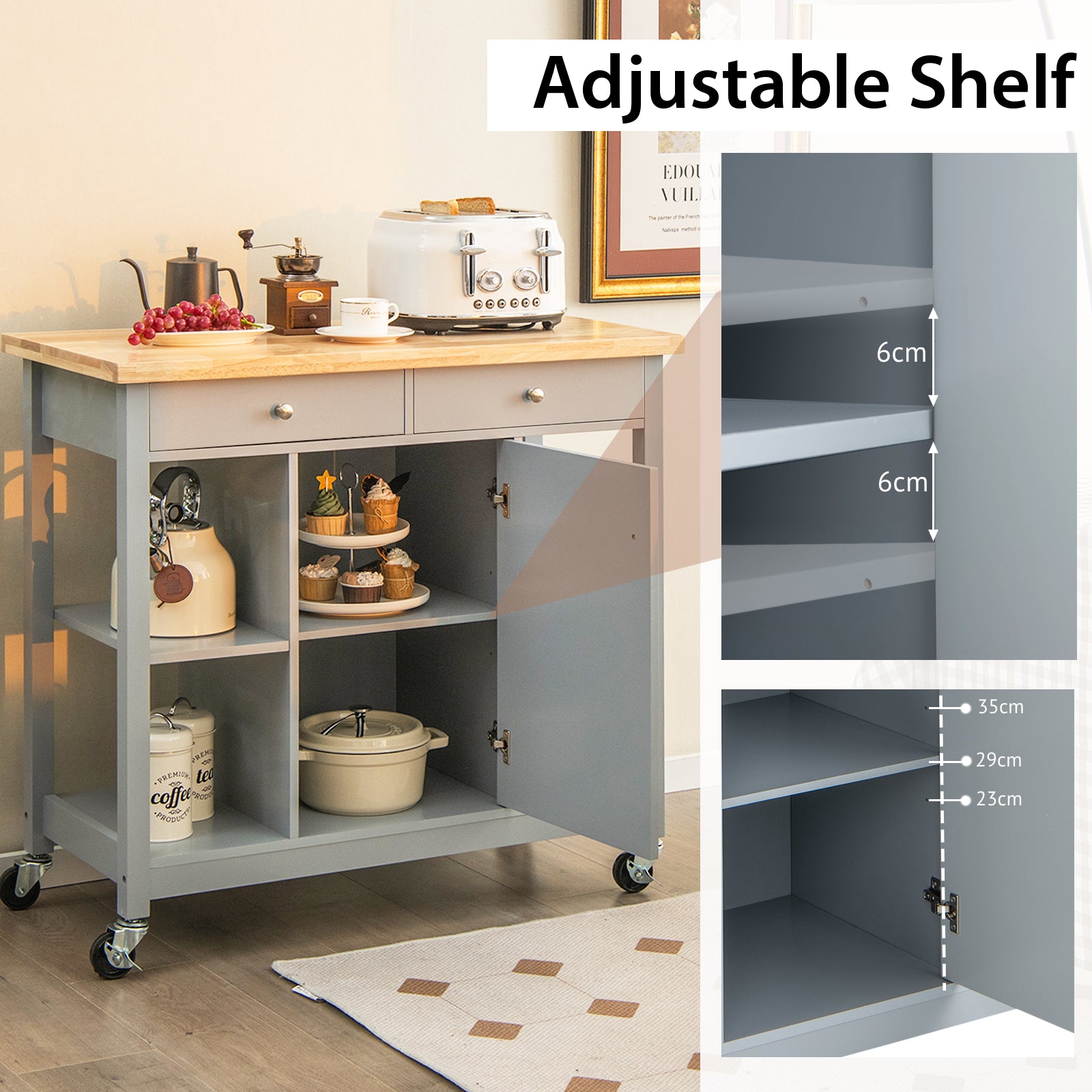 Mobile Kitchen Island Cart Rolling Kitchen Island with Rubber Wood Top-Grey