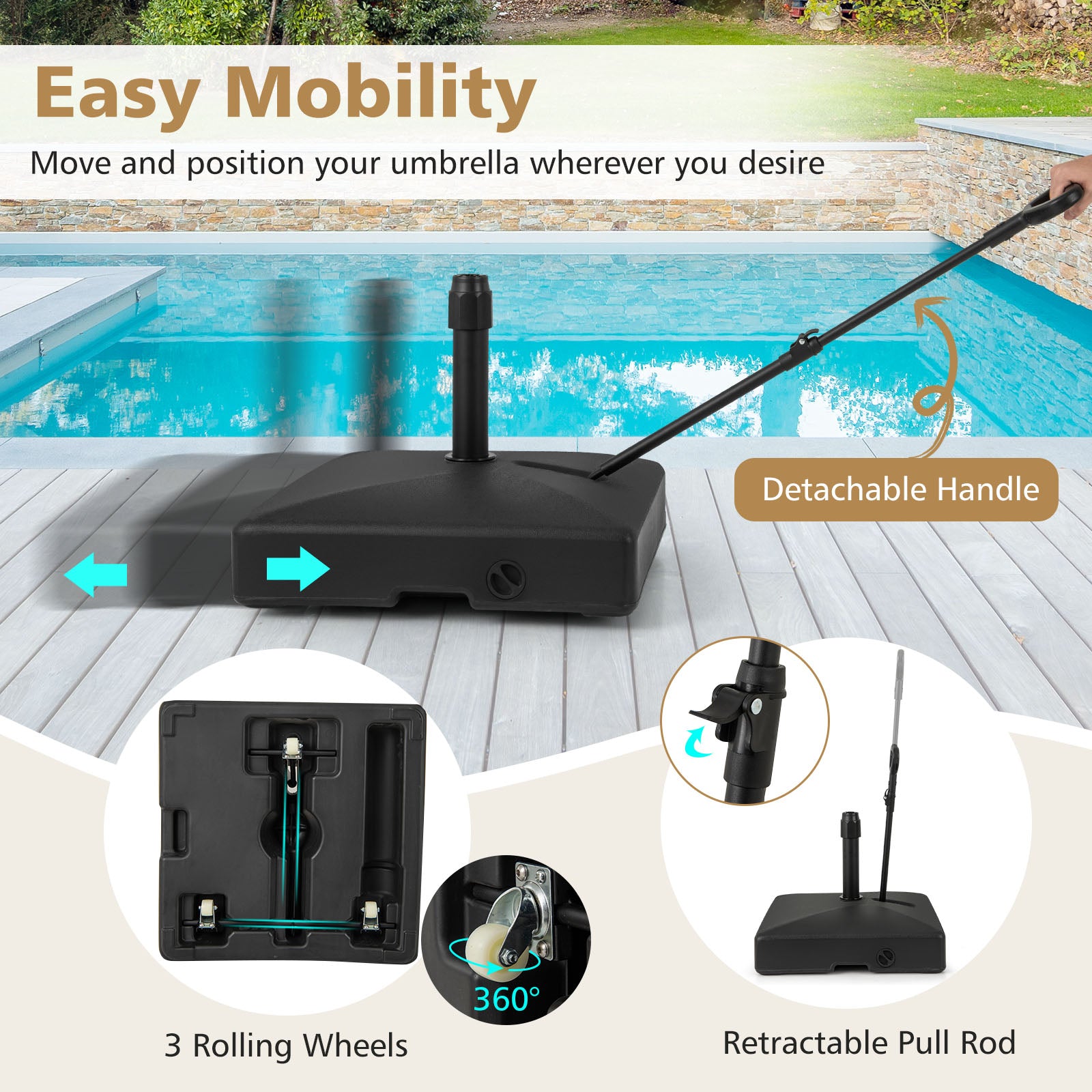 Mobile Patio Umbrella Base 59 kg Capacity Umbrella Stand with 3 Wheels-Black