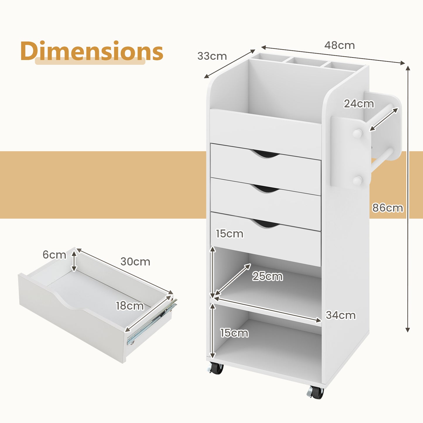 Mobile Rolling Storage Cart with 3 Drawers 2 Shelves and 2 Dowel Rods-White
