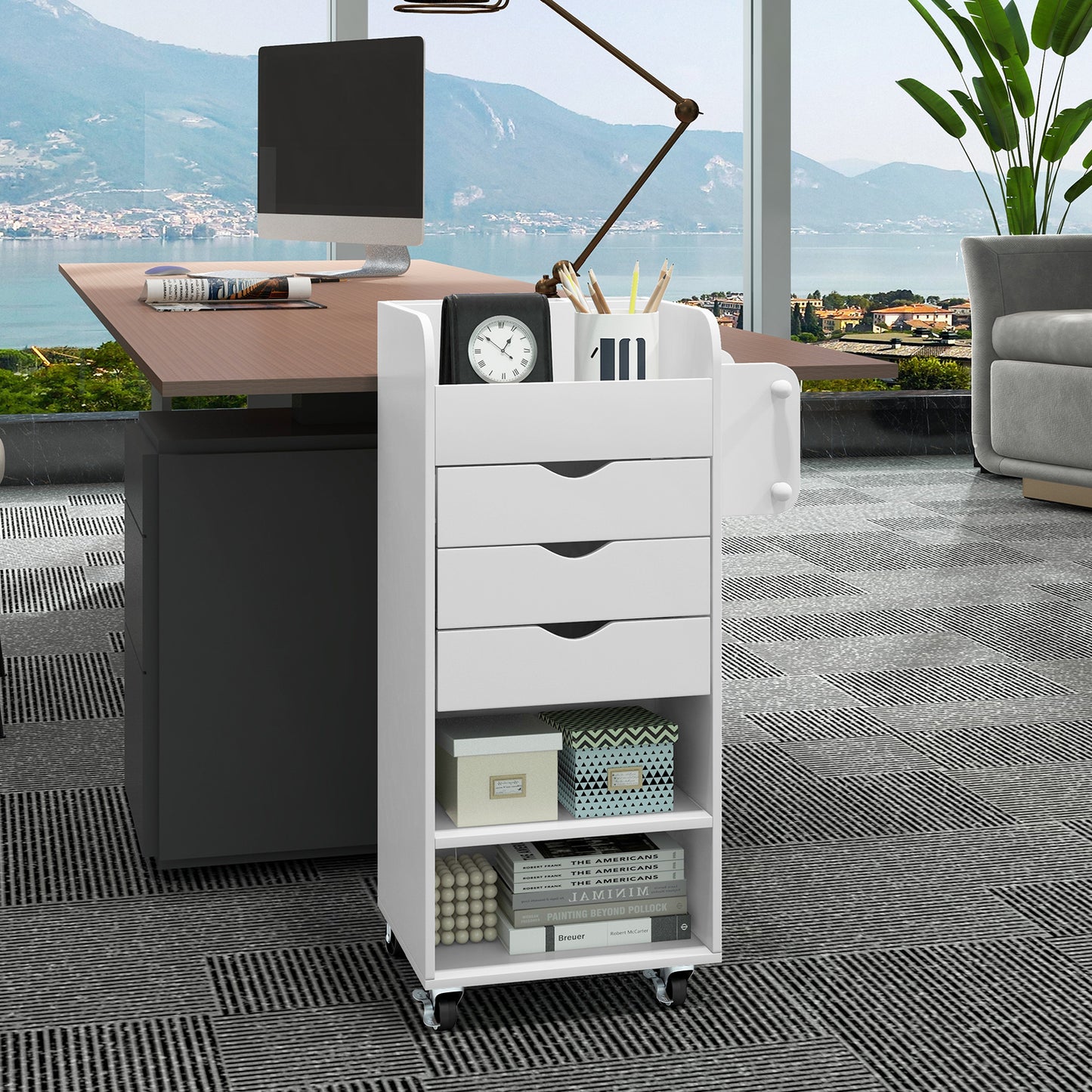 Mobile Rolling Storage Cart with 3 Drawers 2 Shelves and 2 Dowel Rods-White
