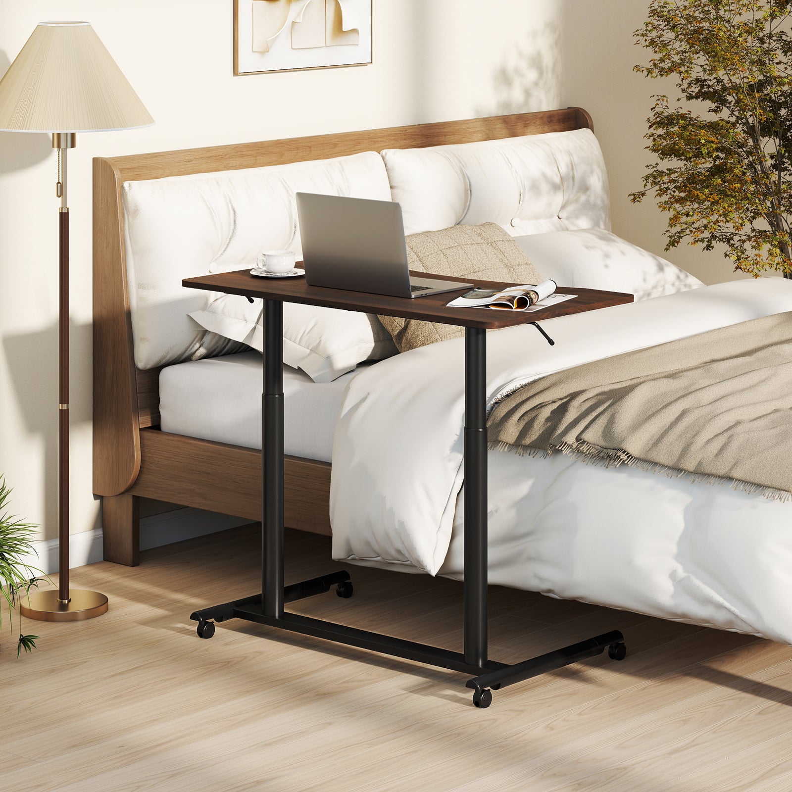 C-Shaped Mobile Standing Desk with Adjustable Height and Lockable Wheels-Brown