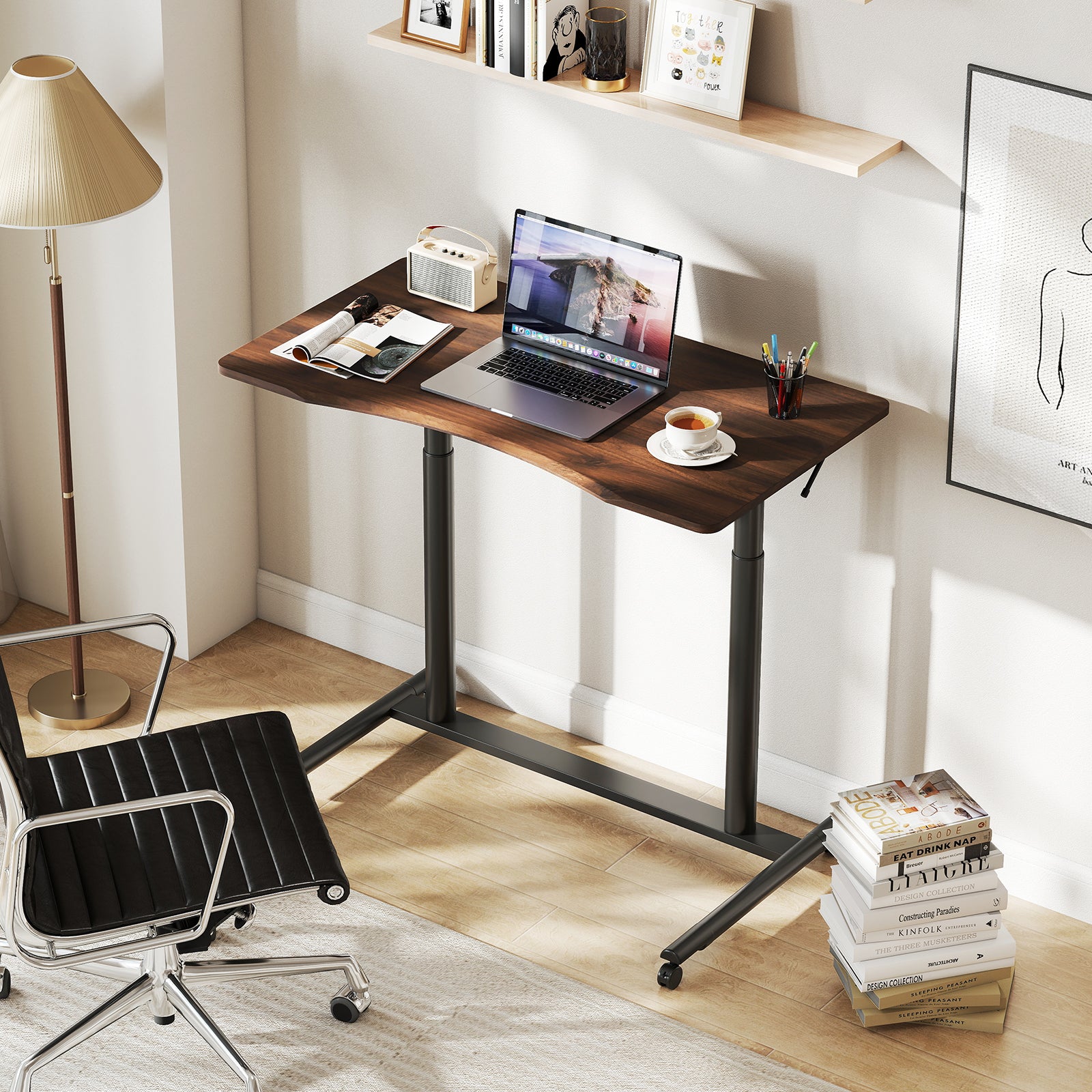 C-Shaped Mobile Standing Desk with Adjustable Height and Lockable Wheels-Brown