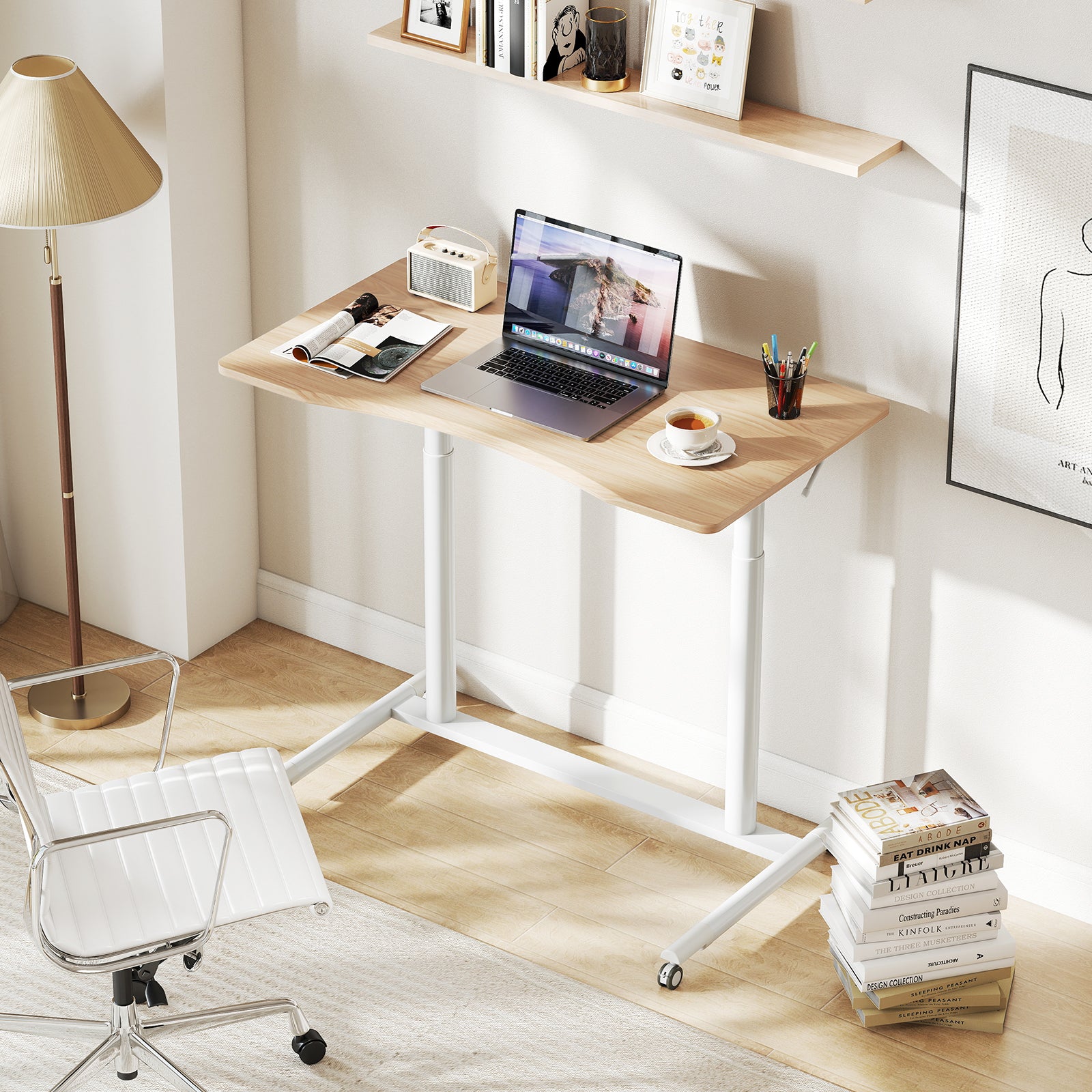 C-Shaped Mobile Standing Desk with Adjustable Height and Lockable Wheels-Natural
