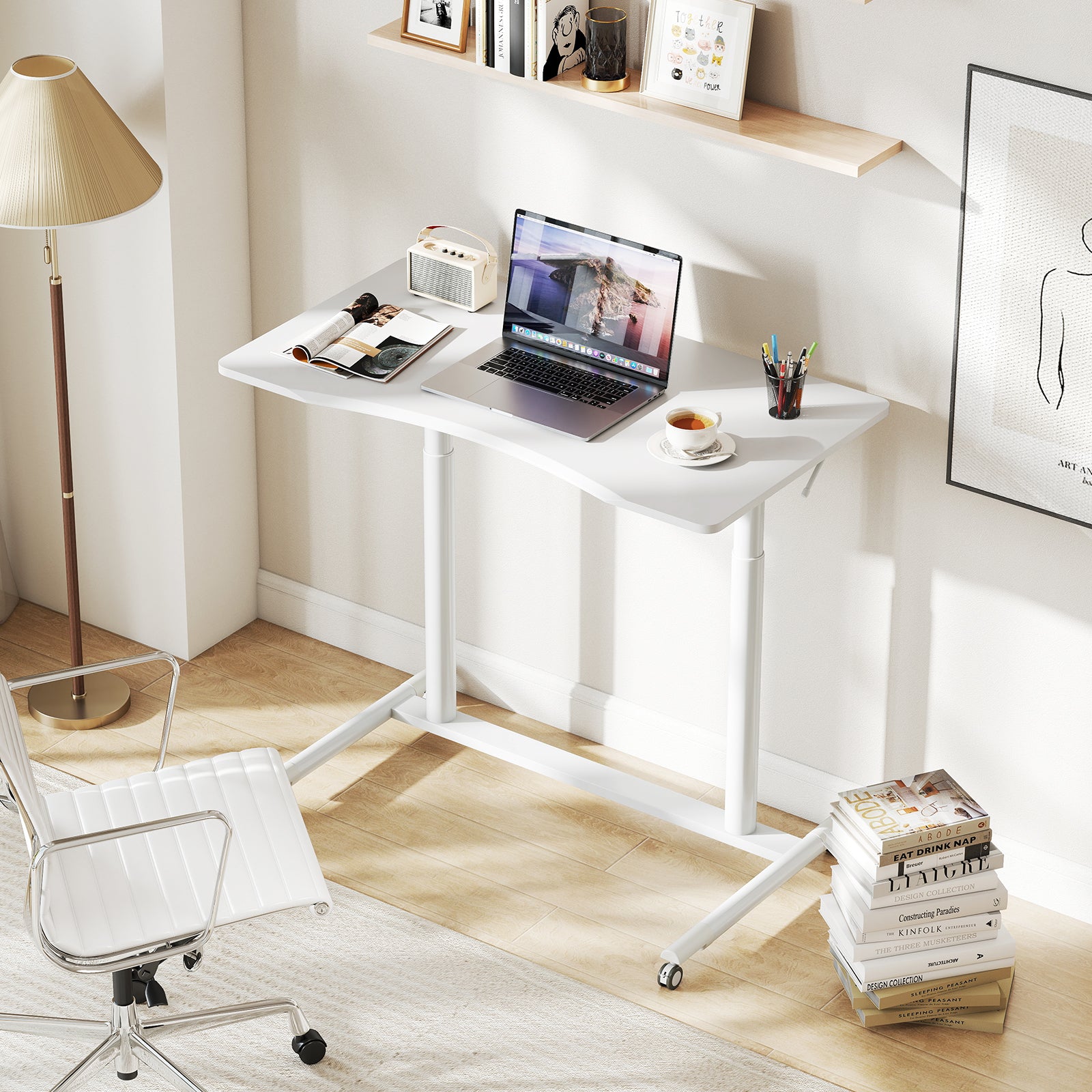 C-Shaped Mobile Standing Desk with Adjustable Height and Lockable Wheels-White