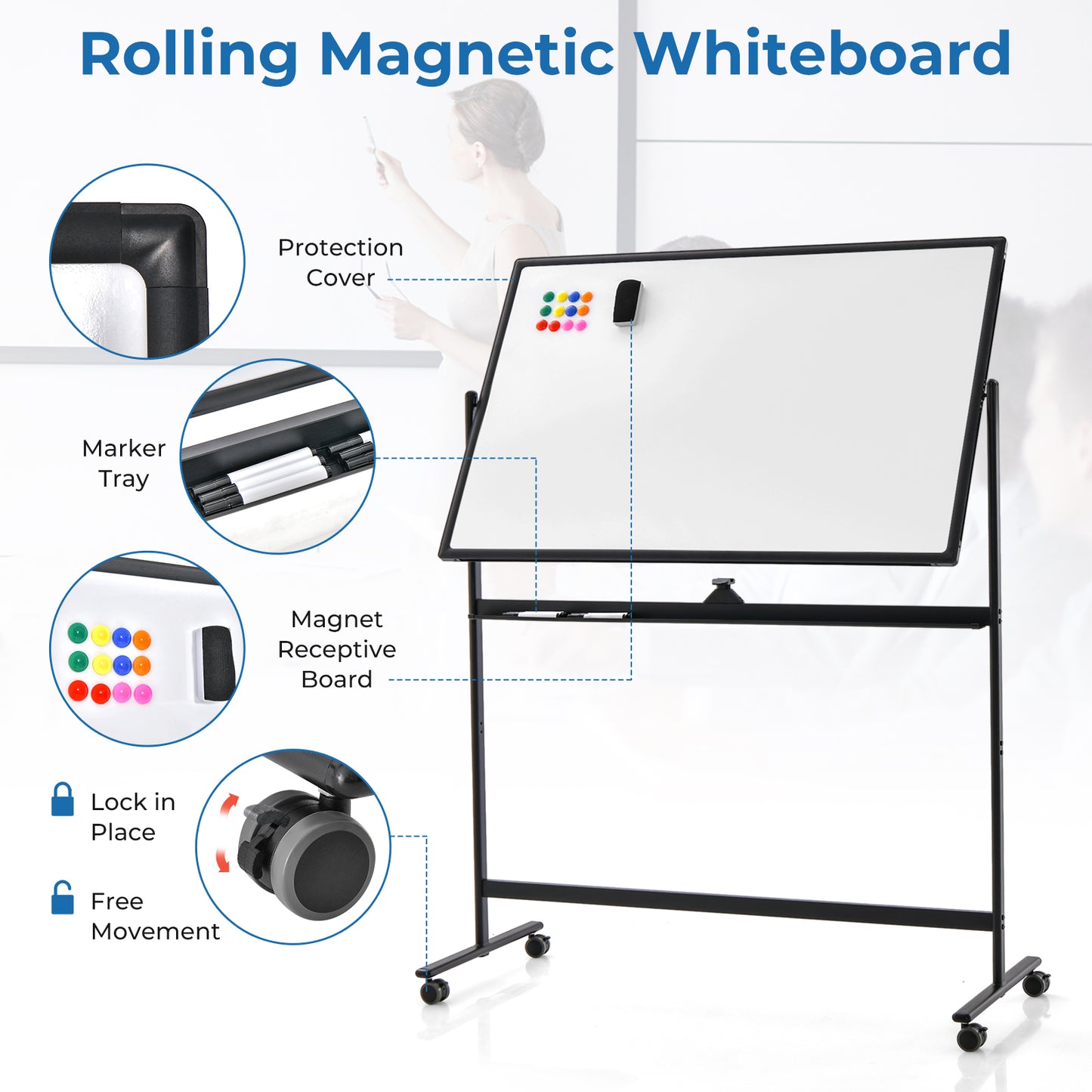 Reversible Mobile White Board with Adjustable Height-Black