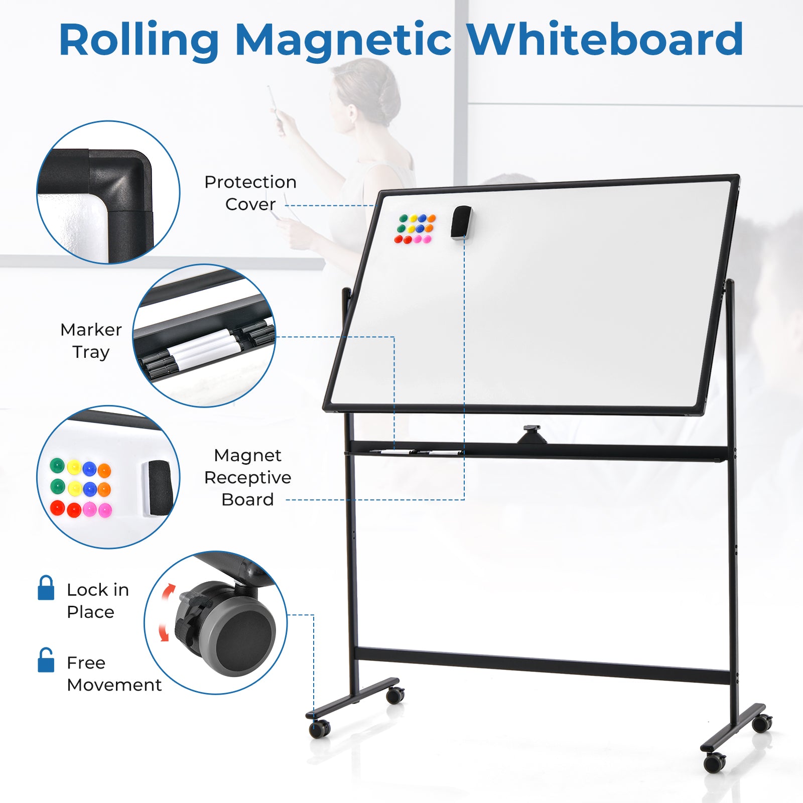Reversible Mobile White Board with Adjustable Height-Black