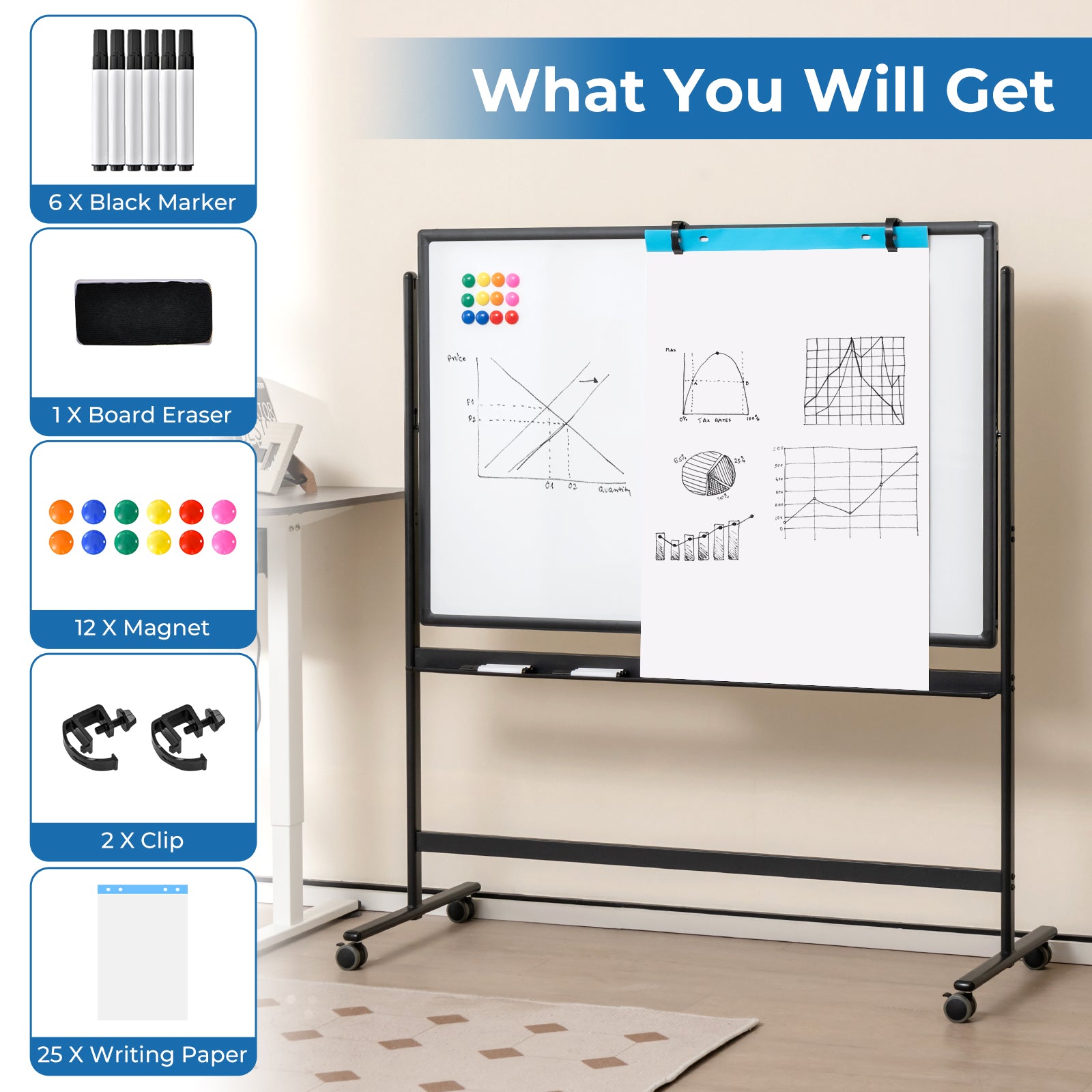 Reversible Mobile White Board with Adjustable Height-Black