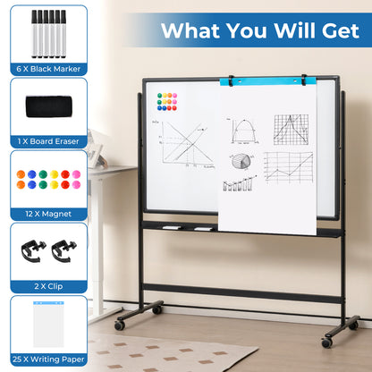 Reversible Mobile White Board with Adjustable Height-Black
