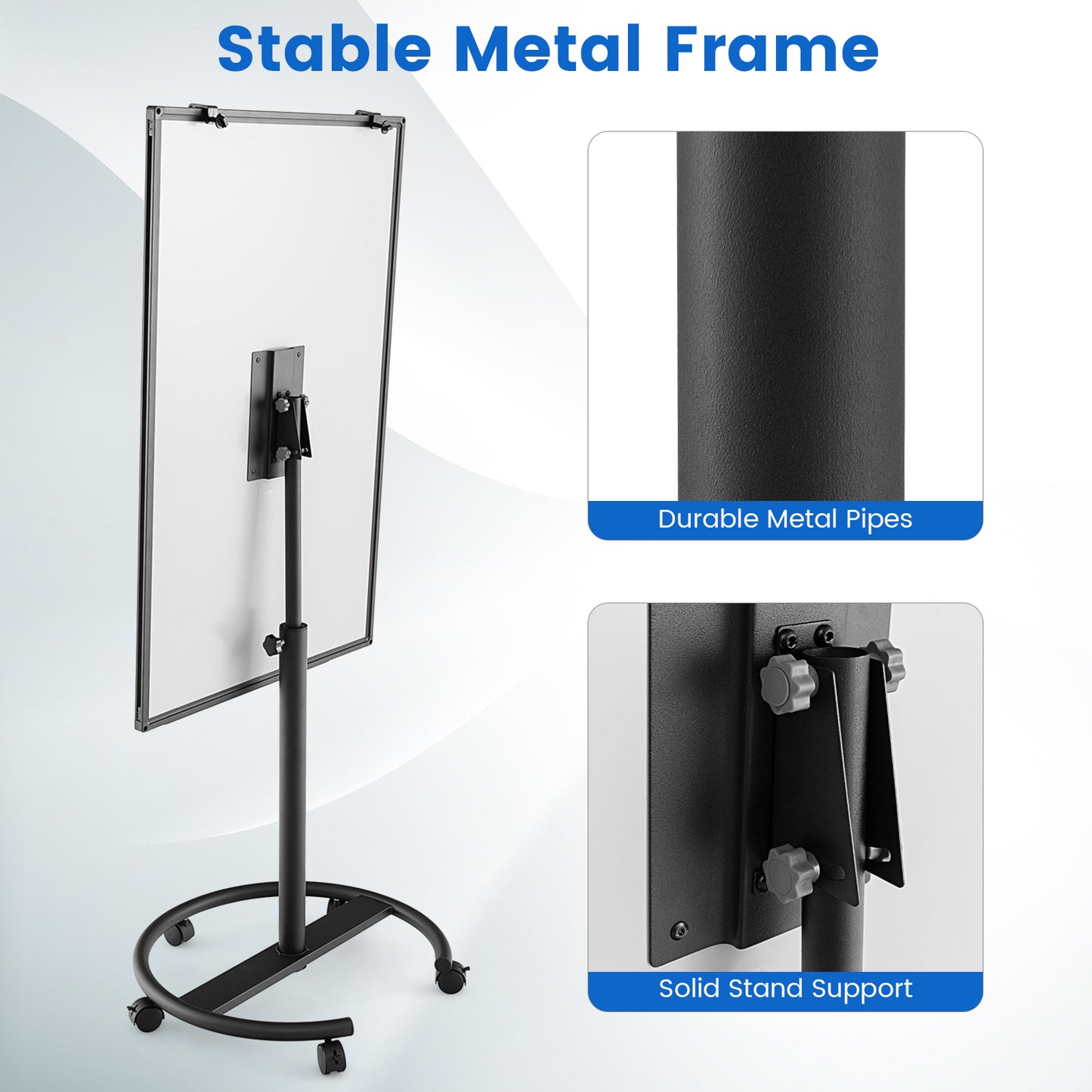 100 cm x 65 cm Height-Adjustable Magnetic Whiteboard on Wheels-Black &amp; White