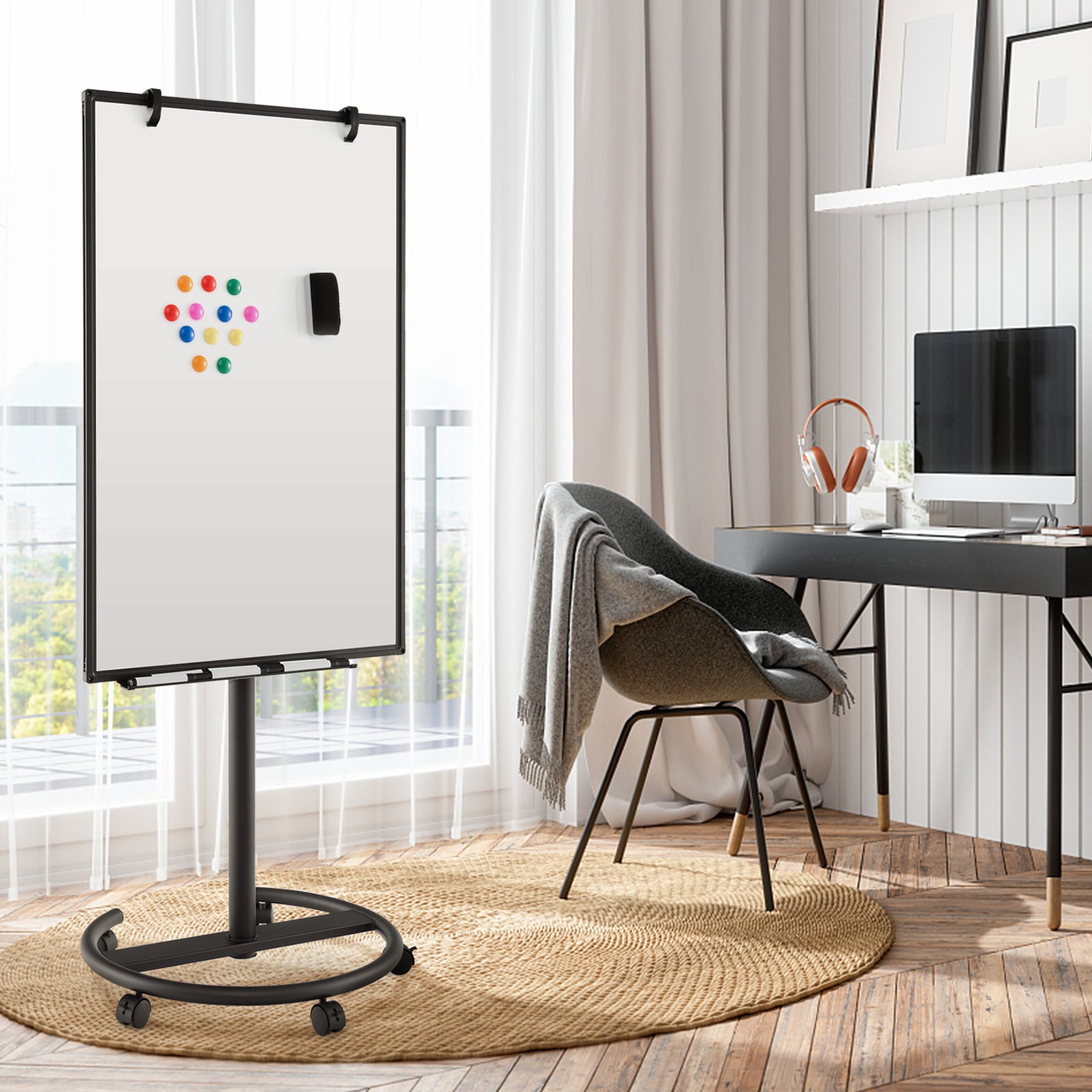 100 cm x 65 cm Height-Adjustable Magnetic Whiteboard on Wheels-Black &amp; White