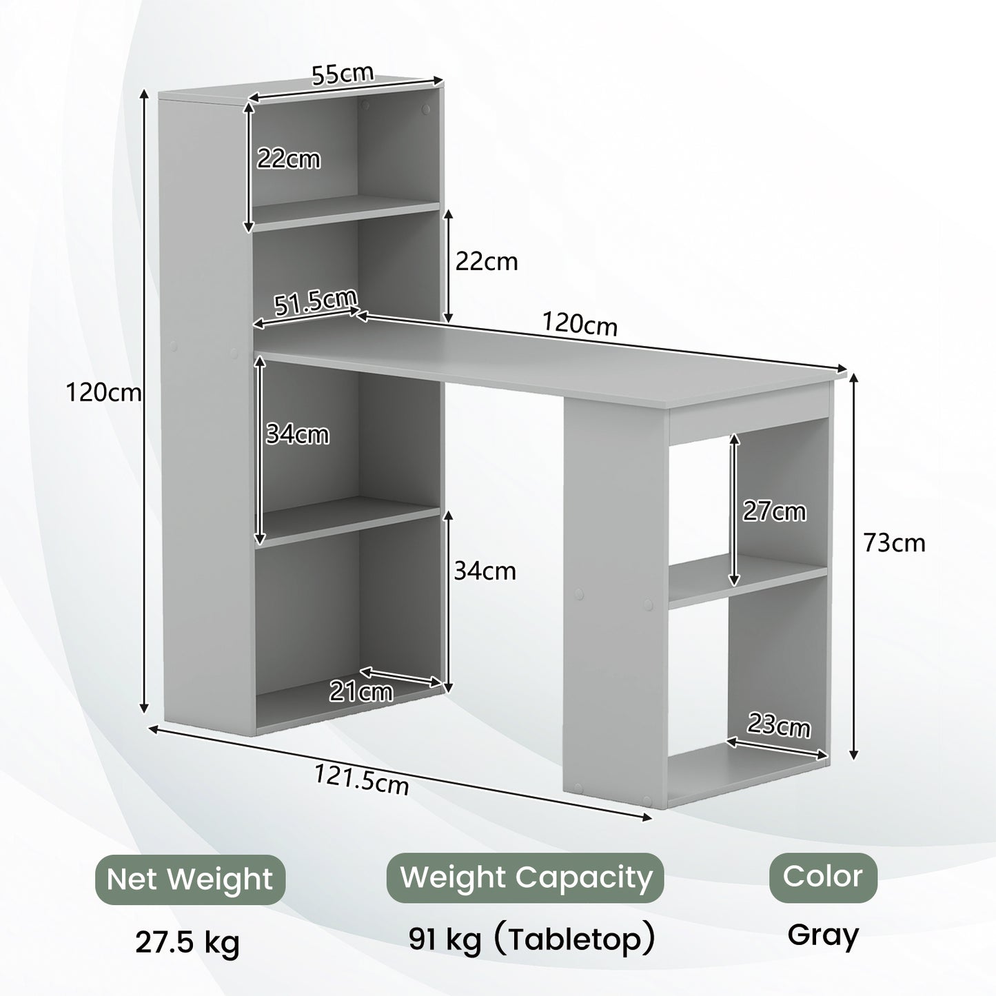 Modern 3-in-1 Wooden Computer Desk with 6-Tier Storage Bookshelves-Grey