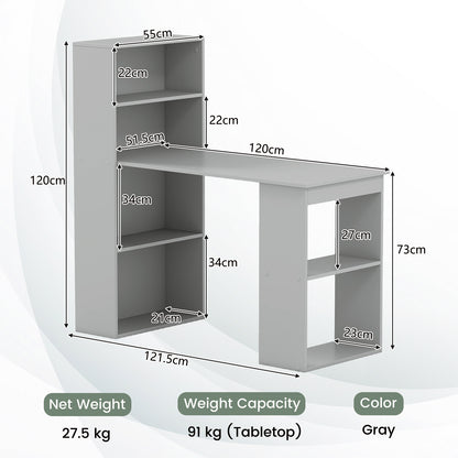 Modern 3-in-1 Wooden Computer Desk with 6-Tier Storage Bookshelves-Grey