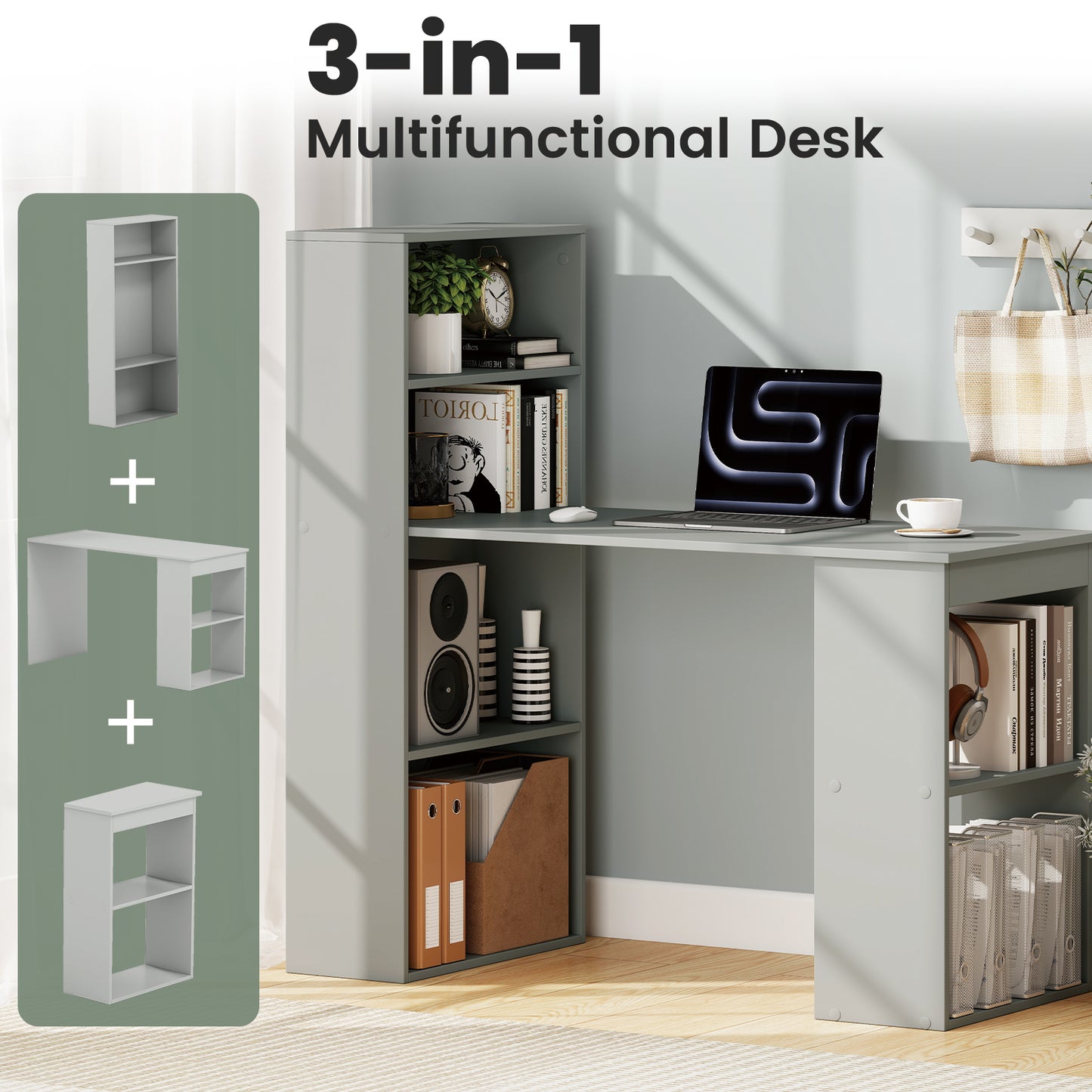 Modern 3-in-1 Wooden Computer Desk with 6-Tier Storage Bookshelves-Grey