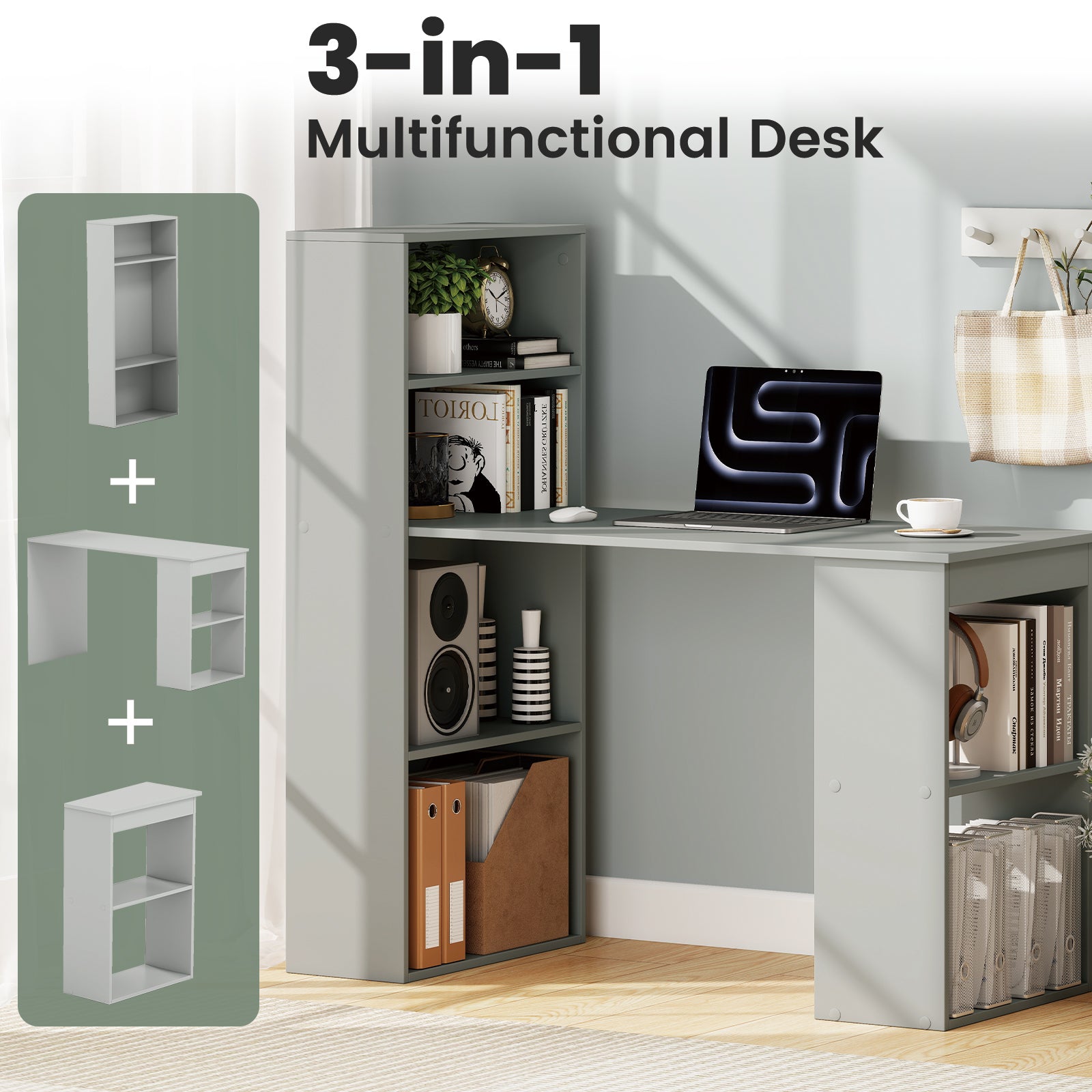 Modern 3-in-1 Wooden Computer Desk with 6-Tier Storage Bookshelves-Grey