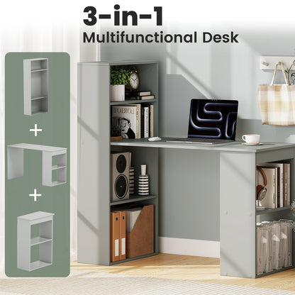Modern 3-in-1 Wooden Computer Desk with 6-Tier Storage Bookshelves-Grey