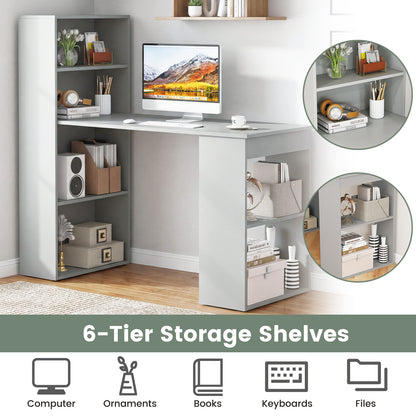 Modern 3-in-1 Wooden Computer Desk with 6-Tier Storage Bookshelves-Grey