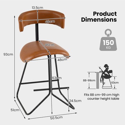 Modern Counter Height Stools Set of 2 63cm Faux Leather Upholstered Armless Barstools-Brown